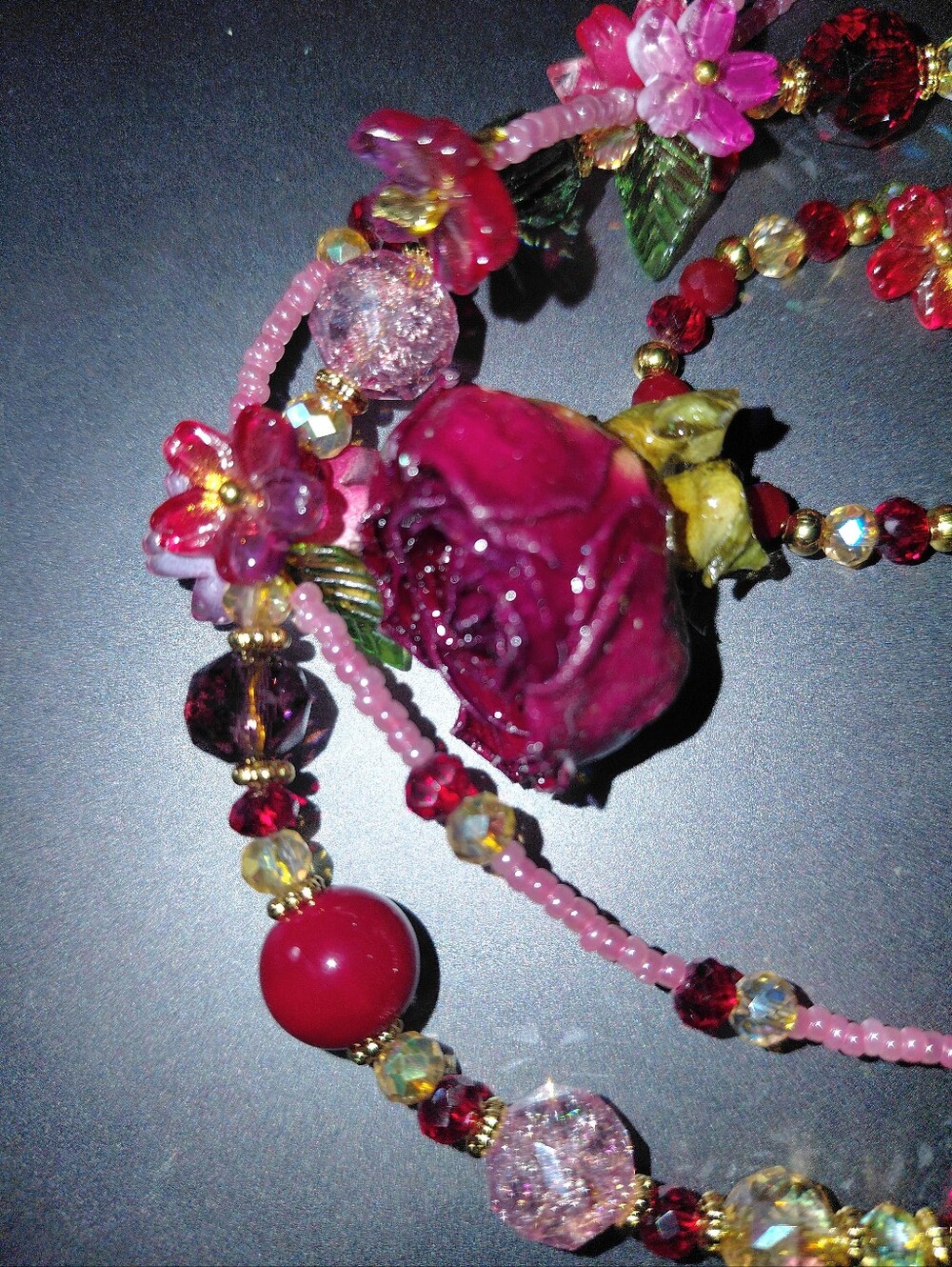 Purse Charm / Keychain Red and Pink Floral with Red Rose - Picture 2 of 5